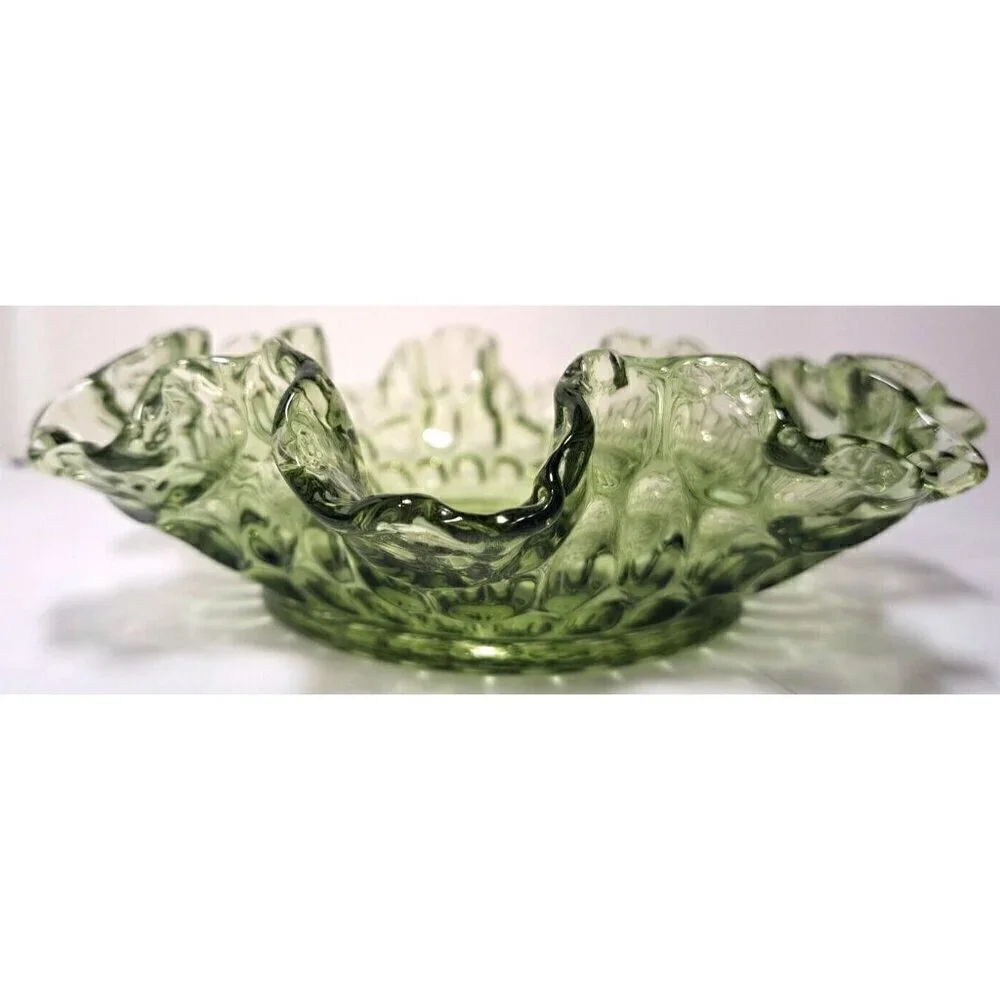 Vintage Fenton Colonial Green Ruffle Edge Thumbprint Pattern Glass Bowl